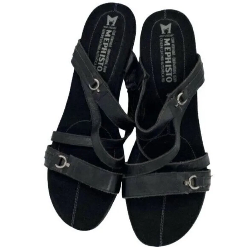 Mephisto Black Leather Wedge Heel Sandals
